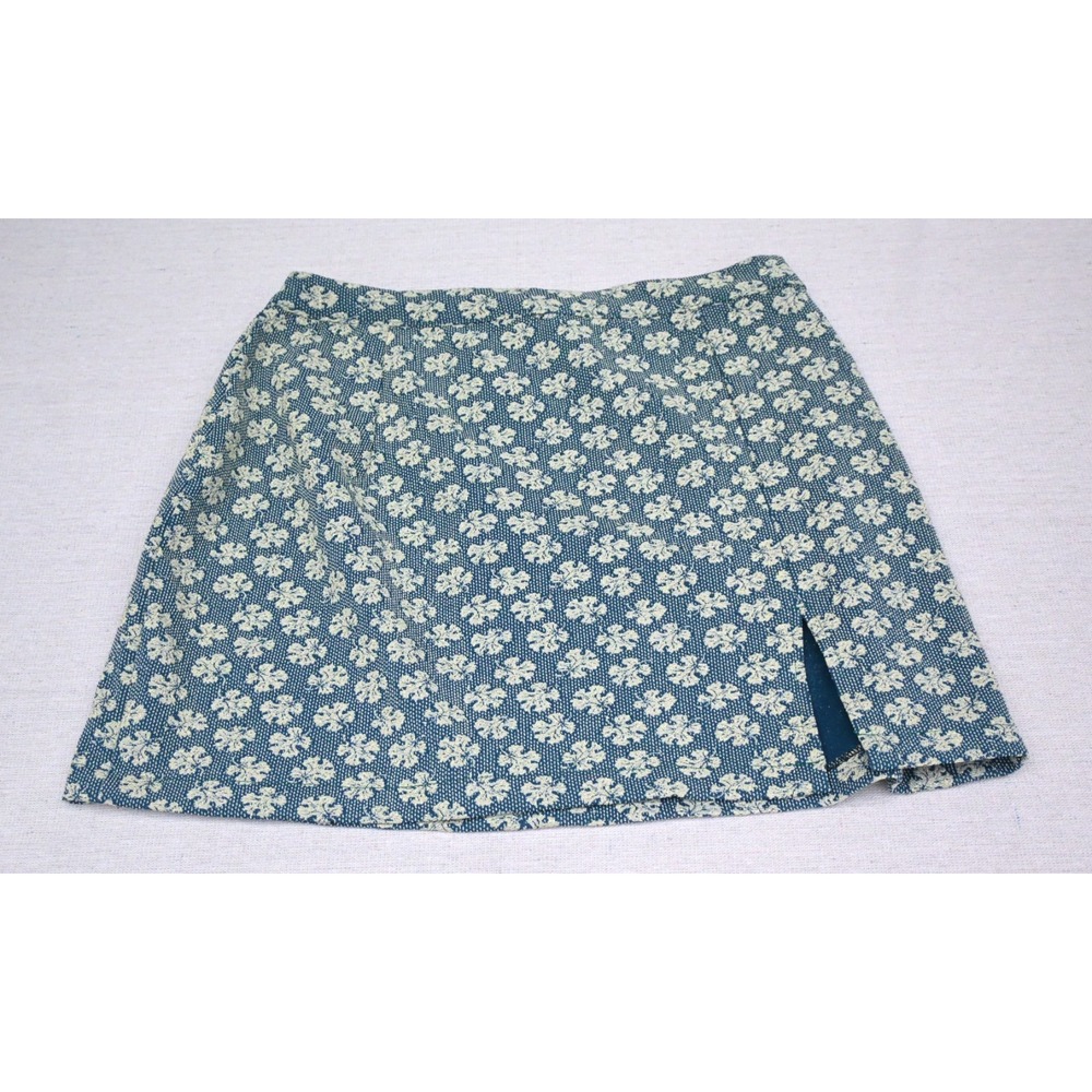 Womens A Line Mini Skirt Blue Cream Floral Jacquard Pink Button Fly Side Slit